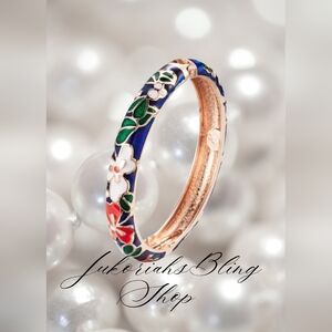 Vintage Cloisonne Blue Floral Enamel Bangle Bracelet